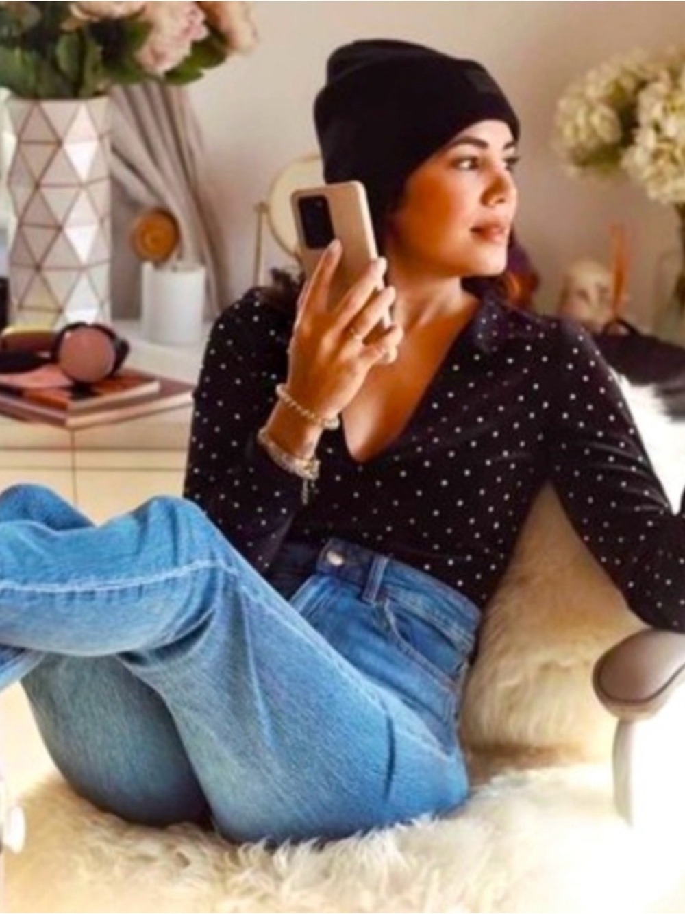 H&M Black Button-Down Top with White Polka Dots